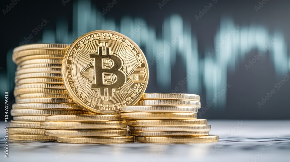 Poster bitcoin financial stack: a close-up view of a stack of golden bitcoin coins sits prominently, with a