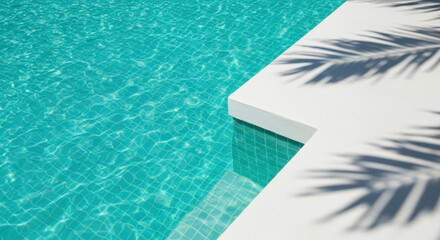 Obraz premium blue swimming pool with crystal clear water meeting white edge with palm tree shadow. Luxury resort amenity. Summer vacation. Tropical paradise. Hotel recreation area. Minimalist design aesthetic