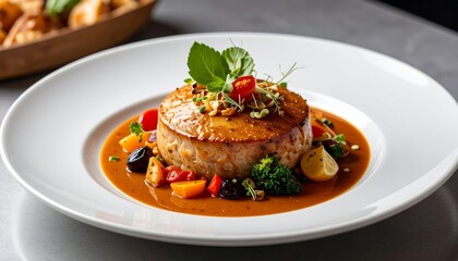 Gourmet Pan-Seared Fish with Vegetable Medley and Savory Sauce