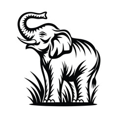 Elegant Black Elephant Illustration, Trunk Up, Isolated on White, Silhouette, Animal