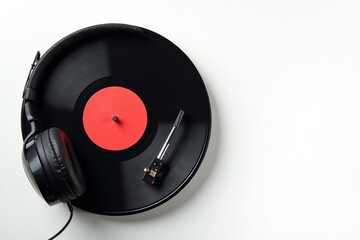Fototapeta premium Turntable, vinyl record, headphones on white background , isolated, headphones, groove
