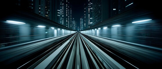 Obraz premium Train tracks in a tunnel with city lights above in a dark setting.