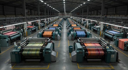 Fototapeta premium Striped Textile Factory: A Rows of Industrial Looms