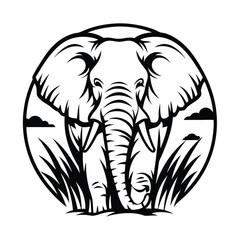 Obraz premium Stylized Elephant Silhouette, Black Outline, Front View, Majestic, Wild Animal Design