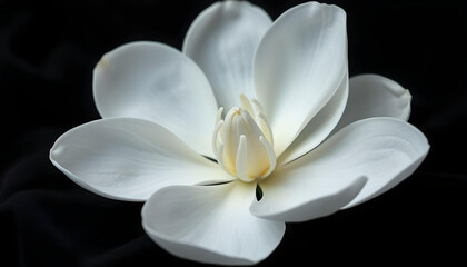 Fototapeta premium White Magnolia Flower on a Black Background, Stunning Close-Up Highlighting Smooth Petals and Elegant Contrast