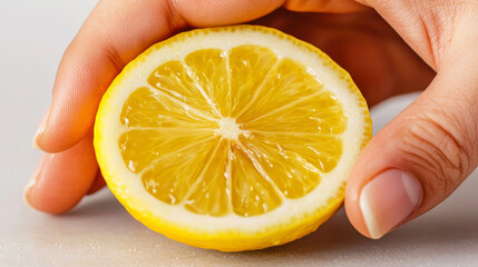 Fresh lemon slice held by hand, showcasing juicy texture and vibrant color.