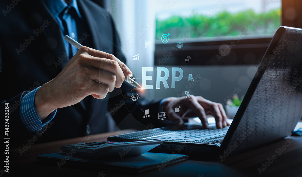 Poster business professional using erp system for financial management and business operations, with digita