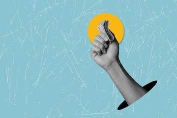 Modern art collage in retro style,, hand holding a stack of money. Financial development and income increase.	