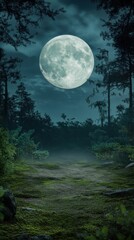 Moonlit forest path, mossy ground, large full moon.