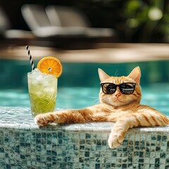 Relaxed cat enjoying a cocktail by a pool  A ginger cat wearing sunglasses rests by a refreshing drink,  perfectly positioned near a swimming pool  Outdoor, summery vibe
