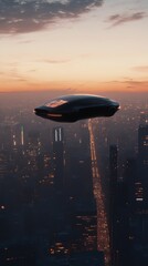 Fototapeta premium Futuristic vehicle flies above nighttime cityscape.