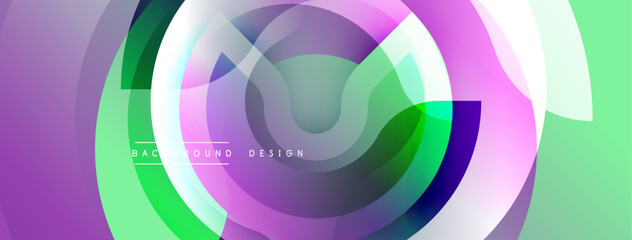 Abstract layers create dynamic circular composition. Soft gradients blend purple, green, white hues. Modern design element.