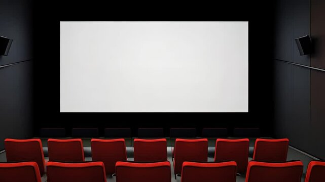 Empty cinema transitions with red seats and dark walls in a modern theater setting