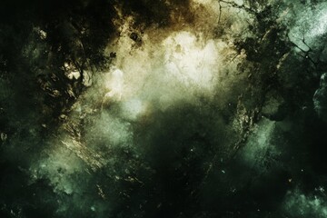 Abstract, textured, dark, moody, cosmic, grunge, distressed surface.  A blend of deep greens, browns, and muted yellows creates a dramatic, otherworldly atmosphere. 