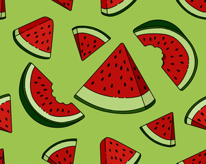 Seamless Vector Illustration of Organic Watermelon Slices with Seeds for a Natural and Healthy Summer Snack. Can Be Used as Background, Banner, Print, Textile, Fashion, and Food Packaging Design