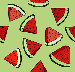 Seamless Vector Illustration of Watermelon Slices for a Refreshing Treat on a Summer Beach Day. Can Be Used as Background, Banner, Print, Textile, Fashion, and Food Packaging Design