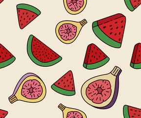 Seamless Vector Illustration of Fresh Fig and Watermelon Slices for a Healthy and Refreshing Summer Snack. Can Be Used as Background, Banner, Print, Textile, Fashion, and Food Packaging Design
