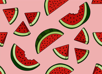 Seamless Vector Illustration of Watermelon Slices for a Refreshing and Juicy Summer Picnic Snack. Can Be Used as Background, Banner, Print, Textile, Fashion, and Food Packaging Design