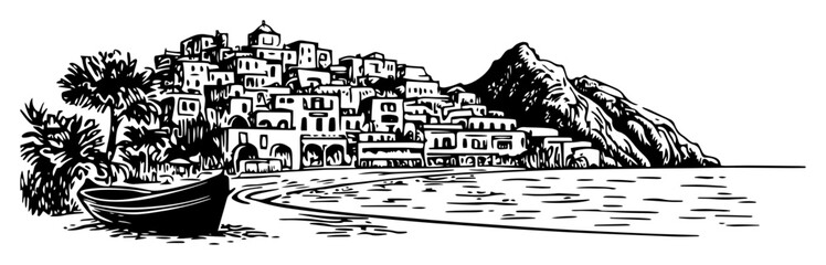 coastal village by the beach sketch illustration