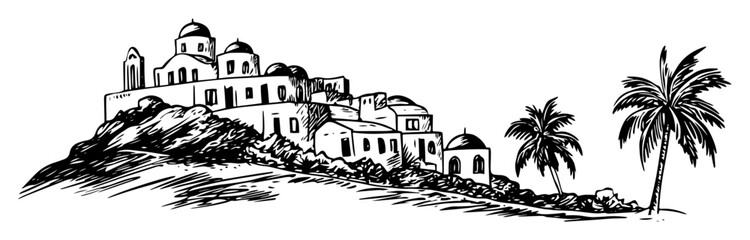 mediterranean village on hill sketch illustration © Kaz