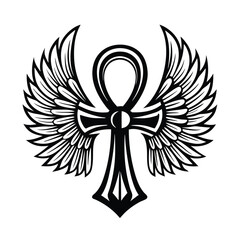 Fototapeta premium Ankh with Wings, Egyptian Cross, Ancient Symbol, Hieroglyph, Black Silhouette, Isolated