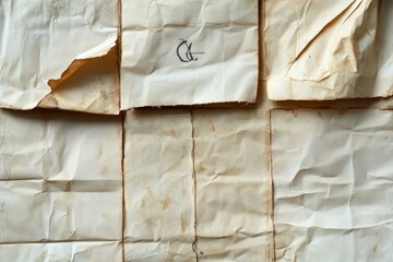 Aged, crumpled papers, likely archival documents or letters.  Faded, creased, and stained vintage documents.  Wrinkled, antique sheets of paper