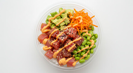 Fototapeta premium Poke Bowl with Tuna Avocado and Edamame isolated on white background