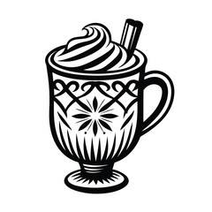 Stylized Black and White Glass Mug with Swirled Cream Topping and Cinnamon Stick