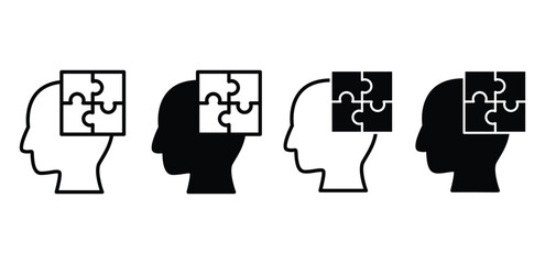 Problem Solving Icons Black and White Puzzle Pieces Overlapping Human Head Silhouettes Vector Design