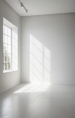 Fototapeta premium Bright, airy white room featuring expansive floor-to-ceiling windows that flood the space with warm sunlight, creating a serene and inviting atmosphere.