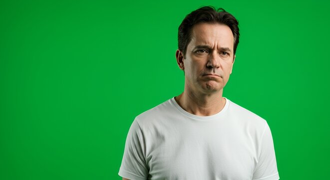 Portrait of a Middle-Aged Man with a Serious Expression Against a Green Screen Background