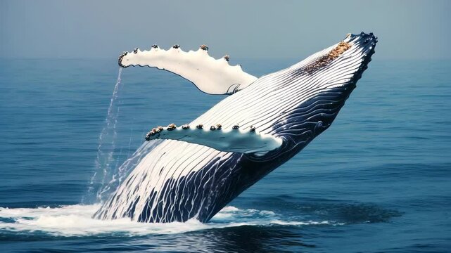 Majestic humpback whale breaching surface, showing flippers covered in barnacles and releasing water into clear blue ocean