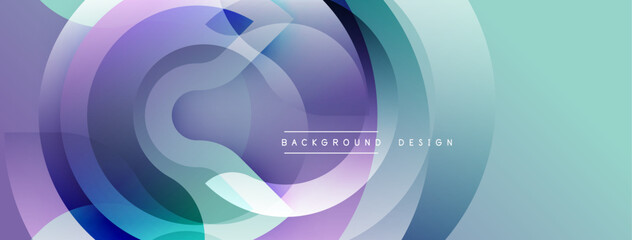 Abstract circles overlap, creating soft gradients. Purple, teal, white hues blend smoothly. Modern design element for backgrounds.