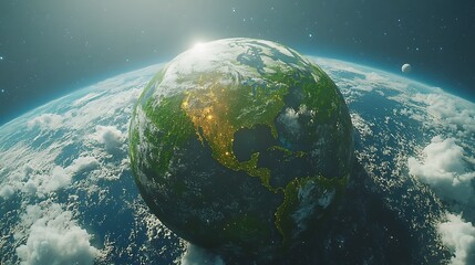 Fototapeta premium Sunlit Earth, North America prominent, clouds and space