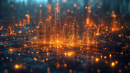 Fototapeta premium Futuristic city skyline illuminated by glowing lights, showcasing advanced technology