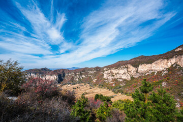 Autumnal Mountain Valley Landscape with Clear Sky