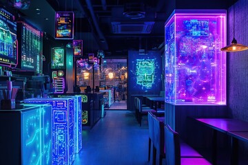 Futuristic cafe with glowing digital displays