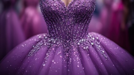 Luxurious purple ball gown adorned with sparkling rhinestones.  Close-up view of the bodice and skirt