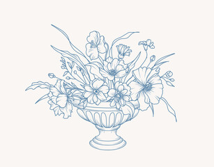 Vintage elegant flowers in vase. Hand drawn floral bouquet. Wild and garden flowers and leaves in line art style. Vector illustration for tattoo, wedding invitation, save the date card, frame