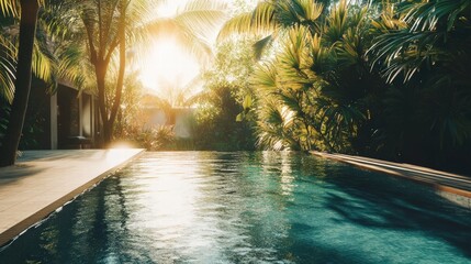 Fototapeta premium Tranquil pool surrounded by lush greenery at sunset, a perfect place for relaxation and peace.