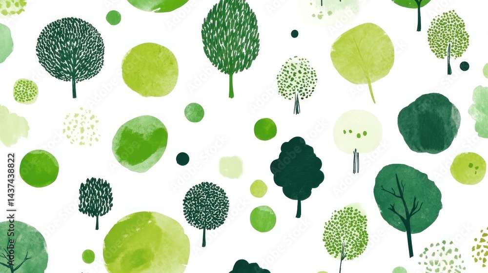 Poster abstract forest pattern with watercolor trees and circles
