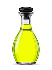 A clear glass bottle with a black lid, filled with a bright yellow liquid