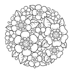 Outline round flower pattern in mehndi style for coloring book page. Antistress for adults and children. Doodle ornament in black and white. Hand draw vector illustration.
