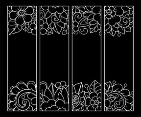 Printable bookmark for book - coloring. Set of black and white labels with flower patterns, hand draw in mehndi style. Sketch of ornaments for creativity of children and adults with colored pencils.