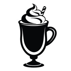 Glass Cup Silhouette with Cream, Candy Cane Hot Drink Icon, Dessert Black & White