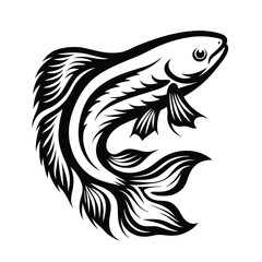 Elegant Black and White Fish Illustration, Decorative Fins, Detailed Tail Design, Marine