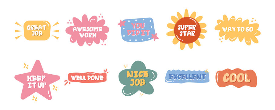 Job and great job motivational stickers. Vector illustration. School reward, encouragement sign, stamp. Educational kids design. Affirmation stickers