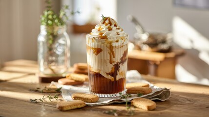 Layered caramel coffee drink with whipped cream and biscotti on wooden table