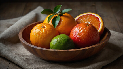 Centerpiece Bowl of Winter Citrus Fruits A large wooden bowl filled with vibrant winter citrus&mdash;whole oranges, mandarins, blood oranges, and grapefruits, some sliced open to reveal juicy interiors