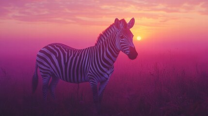 Zebra Stands in Fog with Beautiful Sunrise Background in Soft Pastels